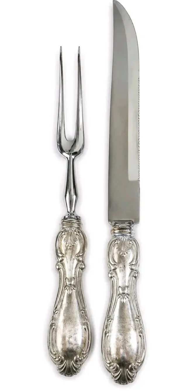 Sheffield French Provincial Sterling Silver Weighted Meat Carving Set Knife Fork